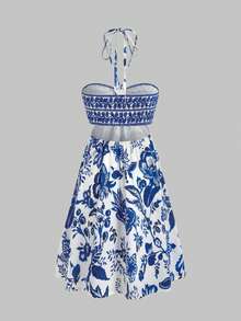 GlowEve Women's Vacation Casual Floral Print Backless Halter Dress - Blue - View 2