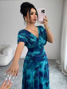 Modelyn Women's Elegant Tie Dye Floral Print Long Knit Dress - Aqua Blue - View 6