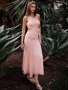 Maija Pink Asymmetrical Shoulder Waist Cutout A-Line Dress, Wedding Ceremony Festival Dresses Wedding Party Graduation Ceremony Birthday Elegant Dresses For Ladies - Pink - View 4