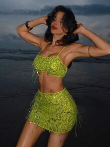 Sirith Women Neon Green Sequin Cropped Cami Top And Bodycon Mini Skirt Sexy 2 Pieces Set - Green - View 3