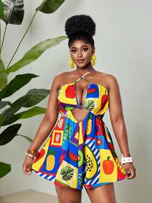Maweii Plus Size Women's New Elegant Contrast Color Floral Print Fabric, Versatile Tie-Neck Hollow Front Jumpsuit With Flared Skirt - Multicolor - View 2