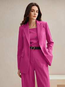 Anewsta Bộ đồ nữ 2 món, áo blazer màu Maillard + quần ống đứng. - Hồng - Xem 4