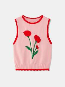 lacRébo 粉色无袖针织上衣，饰以红色花卉图案和撞色滚边，可爱复古春夏风格，法式巴黎风情。 - 彩色 - 查看 7