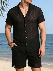 VENTUSAIL Men's Black 2 Pieces Set, Spring/Summer Wavy Jacquard Shirt - Black - View 4
