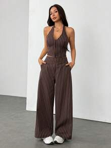 SHEIN PETITE Spring/Summer Office Lady V-Neck Sleeveless Top With Open Back & Wide Leg Pants, Slimming And Lengthening Outfit For Streetwear Brown Two Piece Set Women Striped Two Piece Set - Brown - View 10
