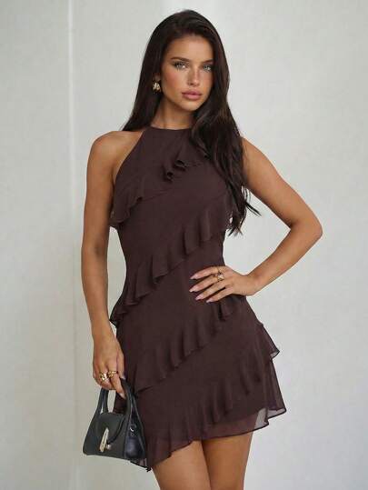 Aloruh This Women's Summer Coffee Brown Sleeveless Mini Dress Is Ideal For A Beach Vacation. Bohemian-Style Ruffles And A Solid Color Halter Neck With An Open Back And Ruffled Hem Exude Elegance. This Sexy Backless Mini Dress, With Its Deep V-Neck, Open Back, And Ruffled Hem, And Fitted Cut, Is Perfect For Both Business And Casual Wear. It's Also Suitable For Parties, Cocktail Parties, Formal Occasions, Bridesmaid Dresses, Birthday Parties, Music Festivals, Business Casual, Beach Vacations, Back-To-School Season, And Many Other Occasions. Sexy, Romantic, And Glamorous, It Radiates Goddess-Like Charm And Is The Perfect Choice For Parties And Gatherings. Furthermore, It's Also Suitable For Music Festivals, Back-To-School Season, Beach Vacations, Dates, Honeymoons, Wedding Guests, Island Getaways, Elegant Parties, Birthday Dresses, And Many Other Occasions.