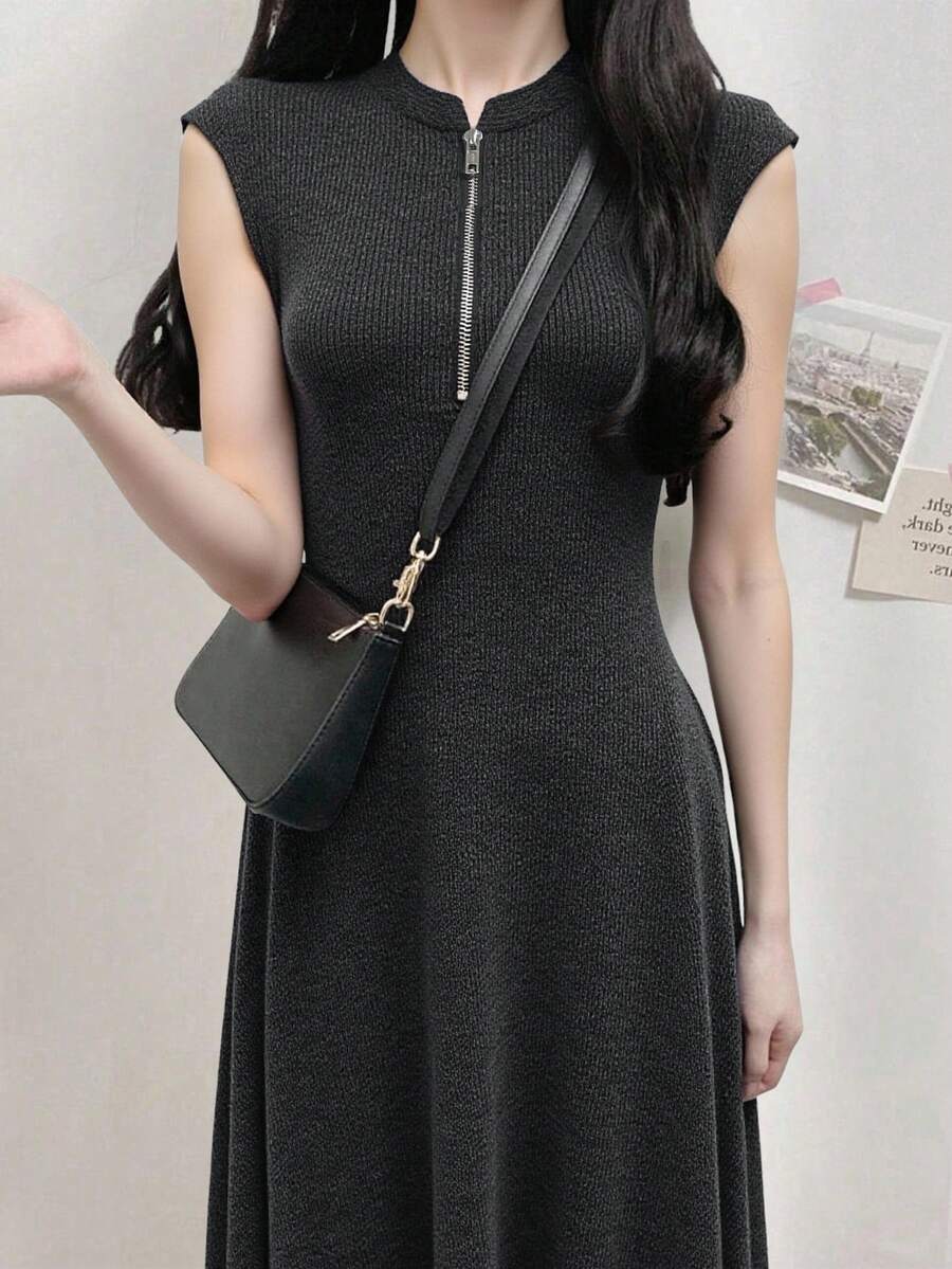 FRIFUL Women's Round Neck Metal Zipper Decorated Waist A-Line Long Dress Sundress Summer - Dark Grey - View 1