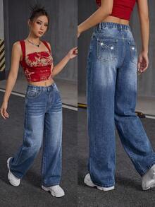 SHEIN 少女牛仔裤，春夏新款，中蓝色水洗牛仔布，休闲舒适，饰有水钻蝴蝶结，宽松阔腿版型，柔软棉质牛仔面料，适合日常、上学、通勤、聚会等场合。 - 藍色 - 查看 2