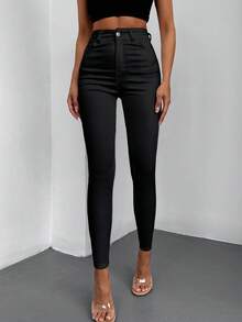 SHEIN Calça jeans skinny, cintura alta, tamanho grande, com elastano. - Preto - Ver 1