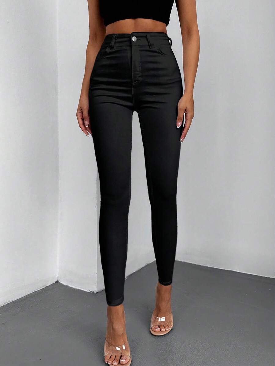 SHEIN Calça jeans skinny, cintura alta, tamanho grande, com elastano. - Preto - Ver 1