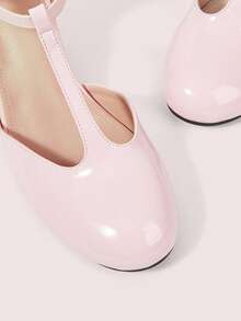 CUCCOO DOLLMOD 女士圆头粉色漆皮T字形玛丽珍鞋，学院风下午茶休闲粗跟高跟鞋 - 粉色 - 查看 8