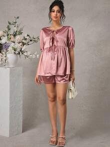 Momance Solid Color Elegant Tie-Up Casual & Comfortable Maternity 2 Pieces Set - Pink - View 6