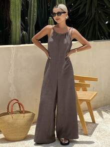 Dazy Tall Tall Women's Summer Halter Tie Loose Jumpsuit - Khaki - View 3