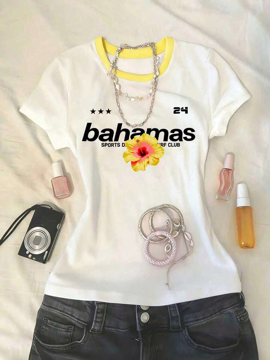 SHEIN 女士白色印花修身短袖T恤