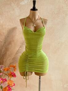 Soleia Women's Backless Halter Drawstring Mini Dress, Suitable For Beach & Vacation - Green - View 3