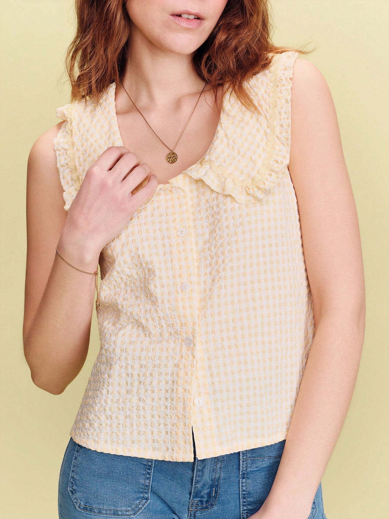 Butter Yellow Gingham Top With A Wide Peter Pan Collar, Ruffle Detailing, And Contrasting Trim Cute Style Spring Summer French Style Parisian Style Vacation Top Vintage Top