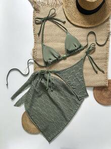 Bonvoyette Bộ bikini nữ mùa xuân/hè làm từ vải jacquard đính cườm - xanh quân đội - Xem 3