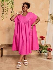 EMERY ROSE 大码女式休闲纯色圆领短袖纽扣设计连衣裙 - 粉色 - 查看 1