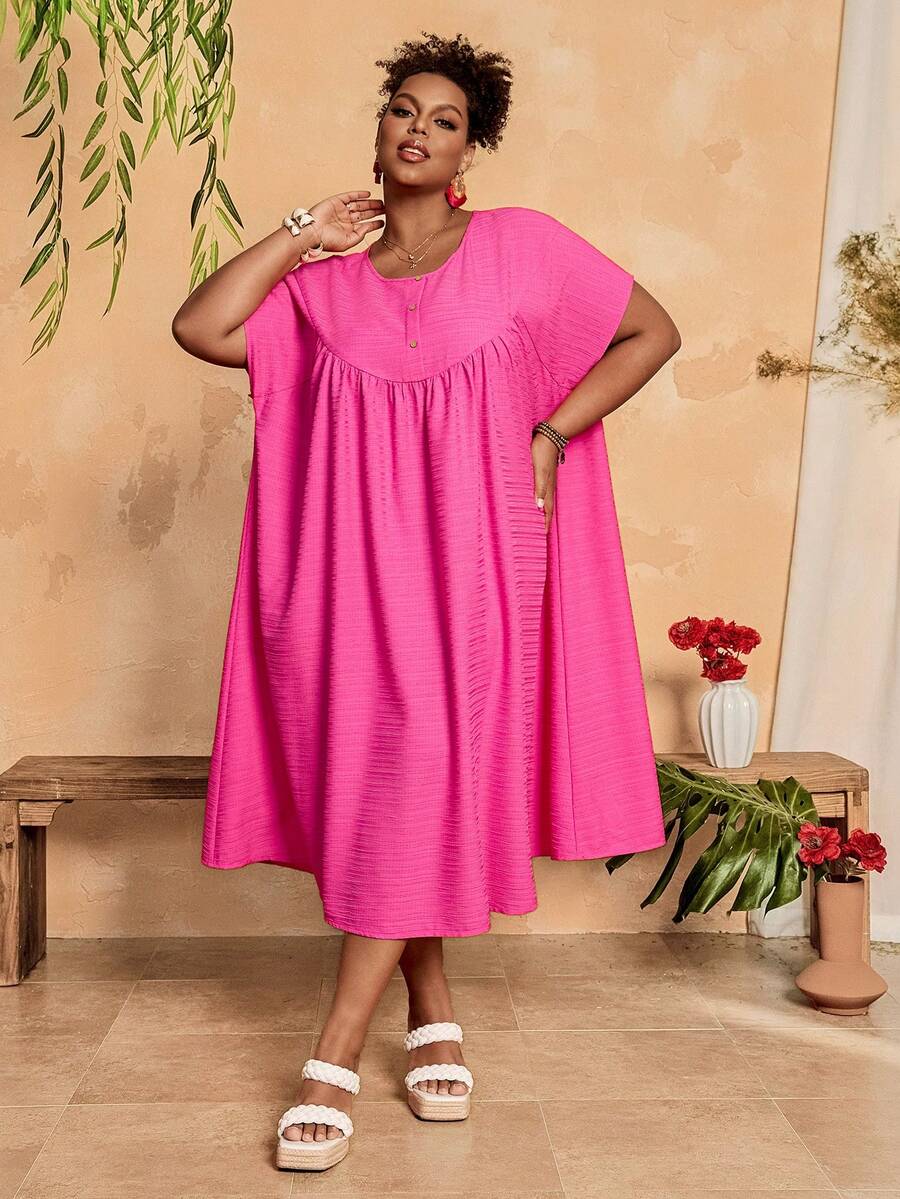 EMERY ROSE Đầm nữ cỡ lớn, màu trơn, cổ tròn, tay ngắn, thiết kế cài nút, kiểu dáng thường ngày. - Hồng - Xem 1