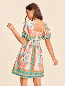Coeurva Spring/Summer Vacation Woven Printed Square Neck Petal Sleeve Women's Mini Dress - Multicolor - View 3