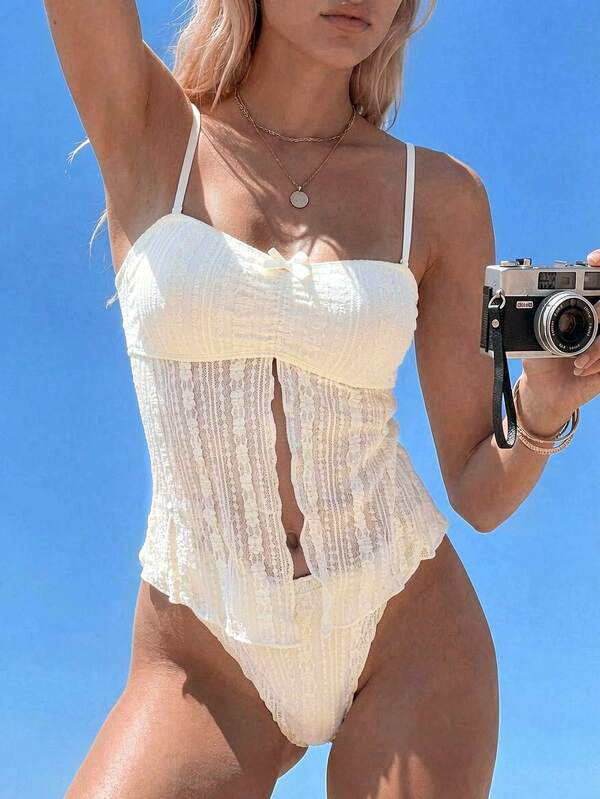 Swim Mod New Knitted Jacquard Spaghetti Strap Backless Bow Decor Goddess Bikini Set, Flared Hem Triangle Shorts, Beach Holiday Casual For Women