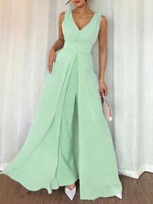 Rafferiza 优雅V领褶裥腰身珍珠雪纺阔腿连体裤，适合婚礼宾客穿着，紫色 - 橄欖綠 - 查看 3