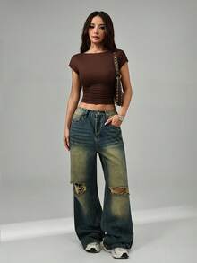SHEIN PETITE 4件装休闲纯色撞色圆领紧身露背镂空T恤，适合春夏女装短袖上衣，纯色上衣，修身上衣，基础款上衣，套装包含多件上衣。 - 彩色 - 查看 5