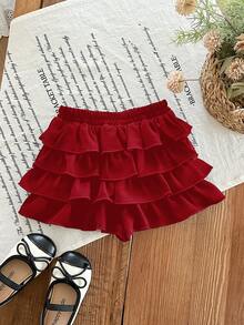 Babygirl Summer Cute Casual Versatile Black Ruffle Elastic Waist Mini Skirt - Red - View 4