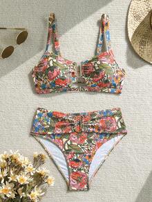 Swim Chiccia 2026春夏彩色花卉粗肩带可调节金色U型装饰高腰亮片设计女士优雅比基尼两件式泳衣 - 彩色 - 查看 2
