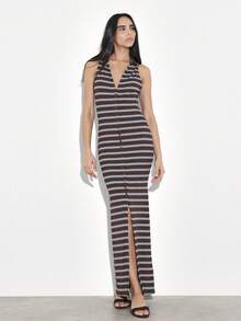 KSTM 条纹无袖纽扣长款连衣裙，深V领，前开衩设计，适合夏季休闲海滩场合 - 彩色 - 查看 1