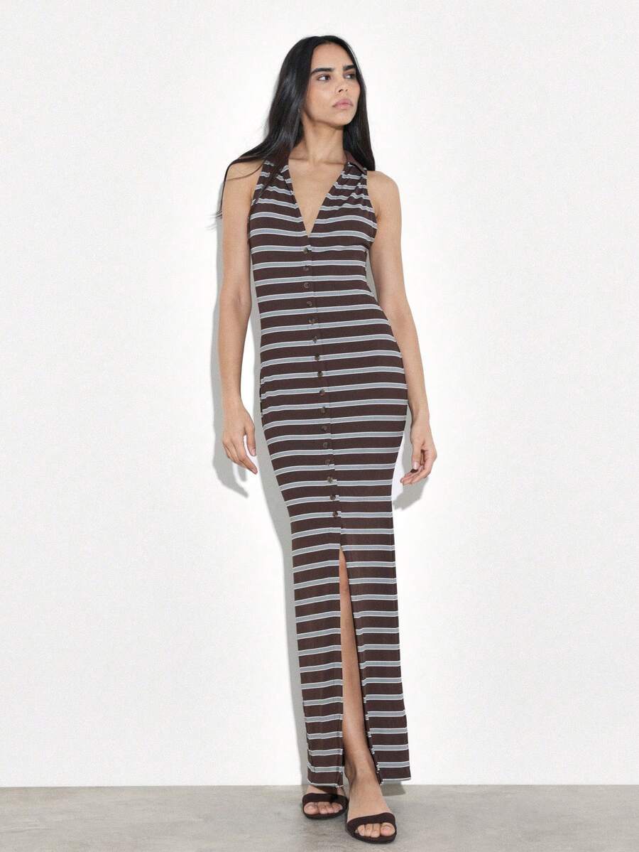 KSTM 条纹无袖纽扣长款连衣裙，深V领，前开衩设计，适合夏季休闲海滩场合 - 彩色 - 查看 1