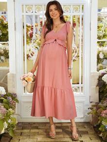 SHEIN 孕妇V领褶皱哺乳时尚派对外出连衣裙 - 紅色 - 查看 4