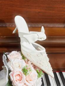 CUCCOO HITCHD Women Shoes Summer And Summer New Pearl Embroidery Bow Pointed Thin Heel Slip-On Middle Heel 6.5cm Women's High Heel Shoes Elegant Mesh Solid Color Fairy Style Bridal Dating Shoes Summer Shoes Wedding Shoes Bride Shoes - White - View 6