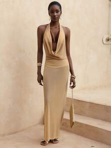 Vesra Flowing Glossy Halter Deep V Draped Backless Dress For Women - Multicolor - View 4