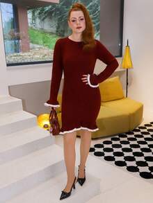Gretanique Fashionable Ruffled Hem Women Sweater Dress, Suitable For Dates And Vacations - Burgundy - View 4