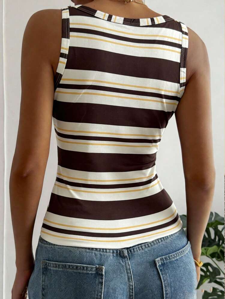 Women's Contrast Color Square Neck Sleeveless Tank Top Crop Tops Women