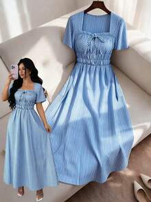 Elenzga Nuevo vestido de mujer para primavera/verano con volantes, cuello cuadrado, lazo delantero, cintura elástica con pliegues a rayas, bajo acampanado, forrado, largo - Azul y blanco - Ver 6