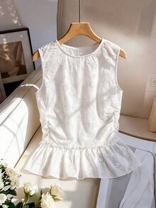 Franclia 休闲优雅百搭时尚褶皱下摆圆领无袖上衣，适合日常穿着、浪漫约会，清新镂空刺绣面料 - 白色 - 查看 1