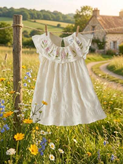 女婴甜美花卉图案吊带背心和牛仔短裤套装，蝴蝶结装饰，适合休闲外出、家庭聚会、夏日漫步、舞蹈主题活动、儿童节派对等场合。