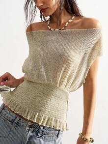 Bohemela 女士休闲纯色针织露肩宽松T恤 - 綠色 - 查看 4