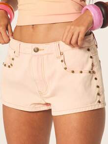 MISSGUIDED Women's High Rise Pastel Pink Studded Denim Mini Shorts With Metal Eyelet Details Summer Festival Fashion - Pink - View 4