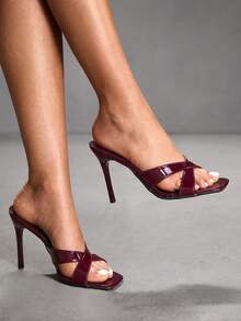 CUCCOO SZL Burgundy Patent Leather Square Head Cross Strap Thin Heel Open Toe Drag, Workplace Commuting Dating Party Temperament Women's Shoes - Mirror burgundy - View 7