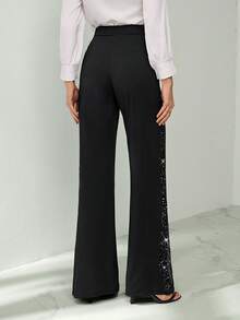 SHEIN Tall Ladies Elegant Mesh & Glitter Splice Black Slim Straight Leg Pants, Fit For Commuting, Casual And Daily Wear, Spring/Summer - Black - View 3