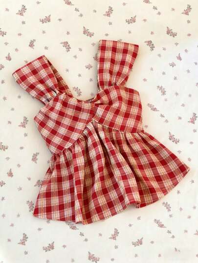 SHEIN Franclia 女士优雅上衣，时尚可爱百搭，适合约会穿着，红色格子刺绣花卉休闲扭结无袖背心，收腰修身款