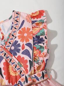 Tween Girls Colorful Floral Print V-Neck Dress - Pink - View 7