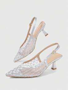 Sleekvia Women's New High Heel Pumps With Pointed Toe, Stiletto Heel, Back Strap, Mesh Design, Simple, Comfortable, Versatile, Elegant Work Heels - Matte silver - View 3