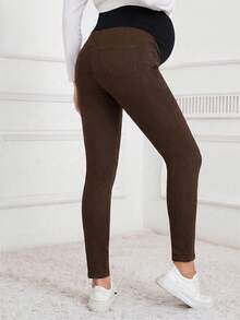 SHEIN Adjustable Waist Patchwork Casual Everyday Maternity Jeans - Coffee Brown - View 2