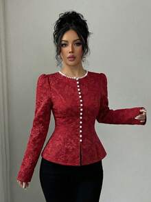 Elenzga 女士提花面料新款春秋法式独特时尚高端奢华优雅青春百搭精致白色衬衫，圆领珍珠装饰，前襟纽扣饰边，开衩下摆设计，适合20-35岁以上女性参加聚会、派对、日常通勤、毕业季等场合（随机印花） - 酒紅色 - 查看 4