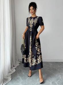 Rafferiza Women Summer Black Gold Retro Floral Pattern Elegant Palace Style Dress,Round Neck Short Sleeve Fitted Waist Full Skirt For Autumn Party Holiday - Black Gold - View 5