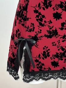 Elamini 女士蕾丝植绒V领吊带休闲连衣裙，适合度假、春夏穿着 - 酒紅色 - 查看 7
